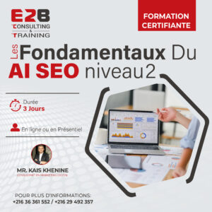 Affiche promotionnelle de la formation certifiante AI SEO niveau 2 : programme de 3 jours, disponible en ligne ou en présentiel, avec visuel d’analyses SEO sur ordinateur.